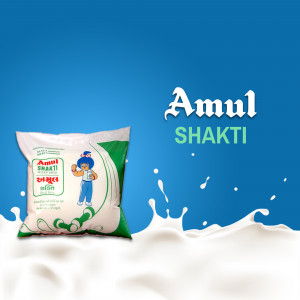 Amul Shakti milk powder pouch with splash of milk