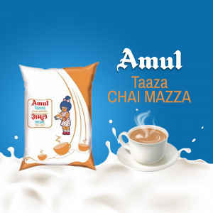 Amul Taaza Chai Mazza milk pack with a cup of tea
