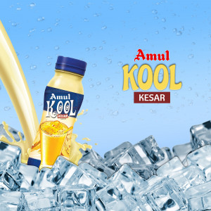 Amul Kool Kesar drink with ice cubes and splash