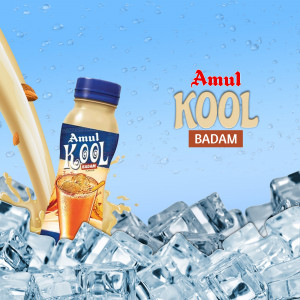 Amul Kool Badam drink with splash and ice cubes