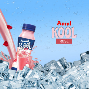 Amul Kool Rose flavored drink pouring into a glass with ice cubes