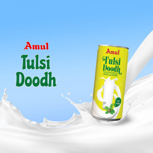 Amul Tulsi Doodh can with milk splash