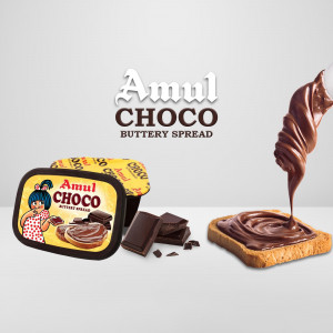 Amul Choco Buttery Spread product shot with bread and chocolate pieces