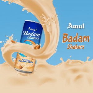 Amul Badam Shakers can with a splash of almond milk and almonds