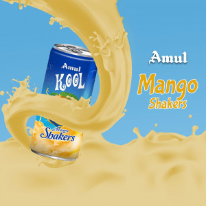 Amul Kool Mango Shaker can with splash of mango drink