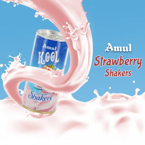 Amul Kool Strawberry Shaker can with a splash of strawberry milk