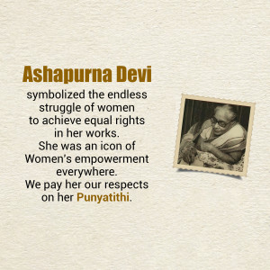 Black and white portrait of Ashapurna Devi with text honoring her legacy.