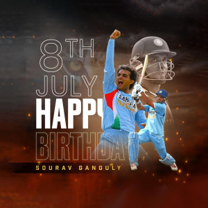 A digital artwork celebrating Sourav Ganguly's birthday with images of him playing cricket.