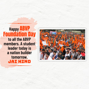 A poster celebrating ABVP Foundation Day with a crowd of people holding orange flags.
