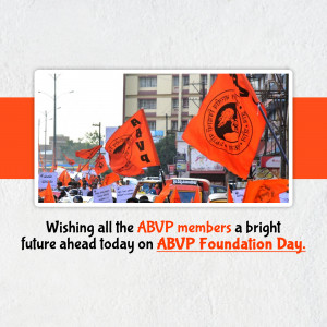 Orange flags with ABVP logo waving in front of a city background with text wishing ABVP members.