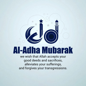 Eid al-Adha Mubarak graphic with crescent moon, mosque, and Arabic calligraphy