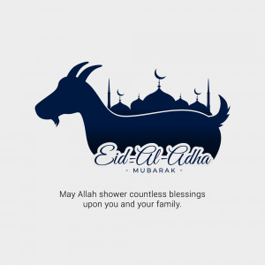 Eid Al-Adha greeting with a goat silhouette and mosque background