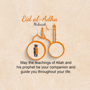 Eid al-Adha greeting card with illustration of a mosque and people