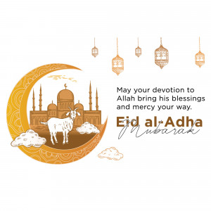 Eid al-Adha greeting with crescent moon, mosque, and goat