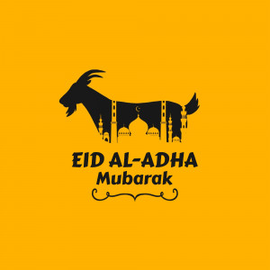 Eid Al-Adha Mubarak graphic with a goat silhouette and mosque design