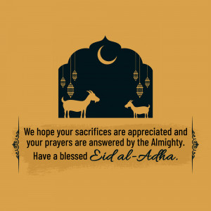 Eid al-Adha greeting card with goats and crescent moon
