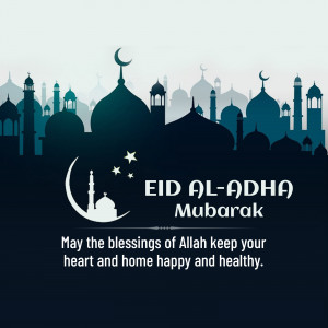 Eid al-Adha greeting card with mosque silhouettes and crescent moon