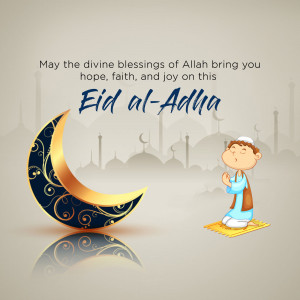 Eid al-Adha greeting with crescent moon and praying boy