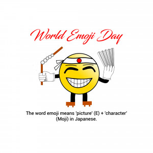 Emoji character celebrating World Emoji Day with a traditional Japanese theme