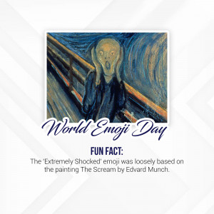 Image depicting The Scream painting with text celebrating World Emoji Day and a fun fact.