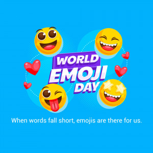 Colorful illustration celebrating World Emoji Day with various smiling and laughing emojis and hearts.