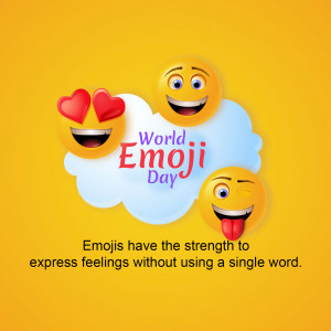 Illustration of smiling emojis with hearts and text celebrating World Emoji Day.