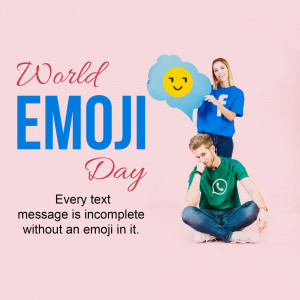 Image celebrating World Emoji Day with people and emoji graphics.