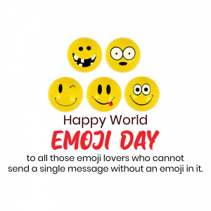 A graphic celebrating World Emoji Day with various smiling emoji faces and text.