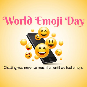 Image celebrating World Emoji Day with smiling emojis and a smartphone.