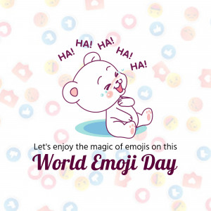 A cute cartoon bear laughing surrounded by emojis and text celebrating World Emoji Day.