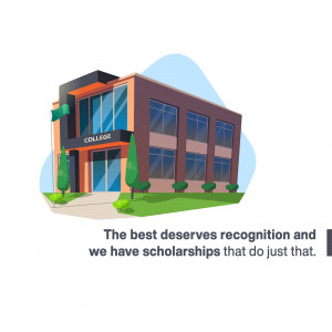 Illustration of a modern college building with green landscaping