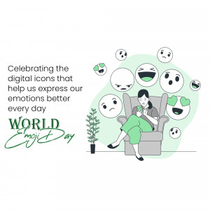 Illustration of a woman sitting in an armchair surrounded by various emoji faces, celebrating World Emoji Day.
