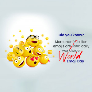 Pile of smiling emojis with text stating a fact about emoji usage and celebrating World Emoji Day.