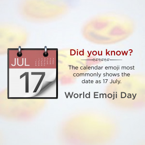 Calendar showing July 17th with text about World Emoji Day and the most commonly dated emoji.