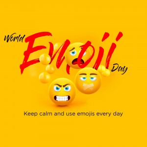 A vibrant yellow background with floating emoji faces and the text 'World Emoji Day'.