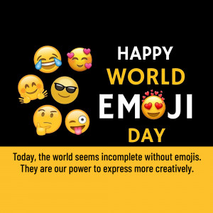A graphic celebrating World Emoji Day with various smiling and laughing emojis.