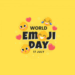 Colorful illustration celebrating World Emoji Day with cute emoji faces and hearts.