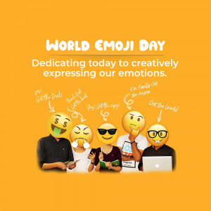 Image celebrating World Emoji Day with various emoji illustrations and people.