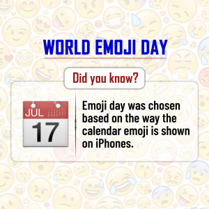 Image celebrating World Emoji Day with a fun fact about its origin.