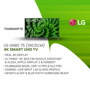 LG 75 inch 4K UHD Smart TV with vibrant display showing a succulent plant