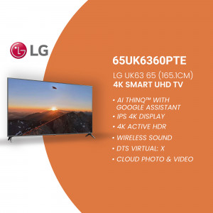 LG 65UK6360PTE 4K Smart UHD TV with sunset landscape on screen
