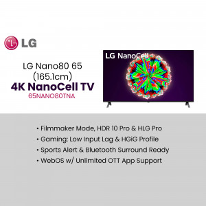 LG Nano80 65 inch 4K NanoCell TV product shot with features listed