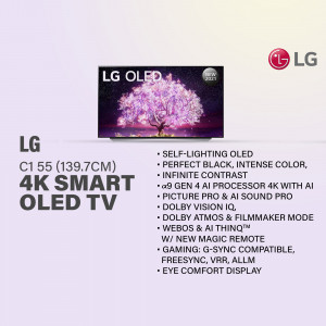 LG C1 55 inch 4K OLED Smart TV with vibrant display and key features listed.