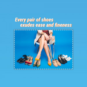 Woman with various pairs of shoes displayed in front of her.