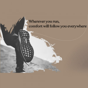 A person running with a focus on their shoe, with motivational text.