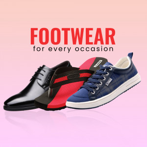 Assortment of men's footwear including dress shoes, sandals, and sneakers.