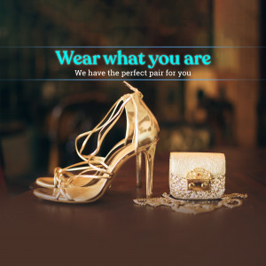 Close-up of golden high-heeled sandals and a sparkly clutch on a textured surface.