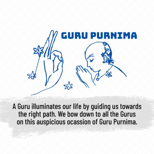Illustration depicting Guru Purnima with a hand in a blessing gesture and a devotee in prayer.