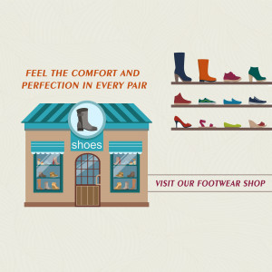 Illustration of a shoe store with various shoes on display.