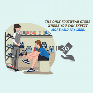 Illustration of a customer being helped to try on shoes in a footwear store with a promotional message.